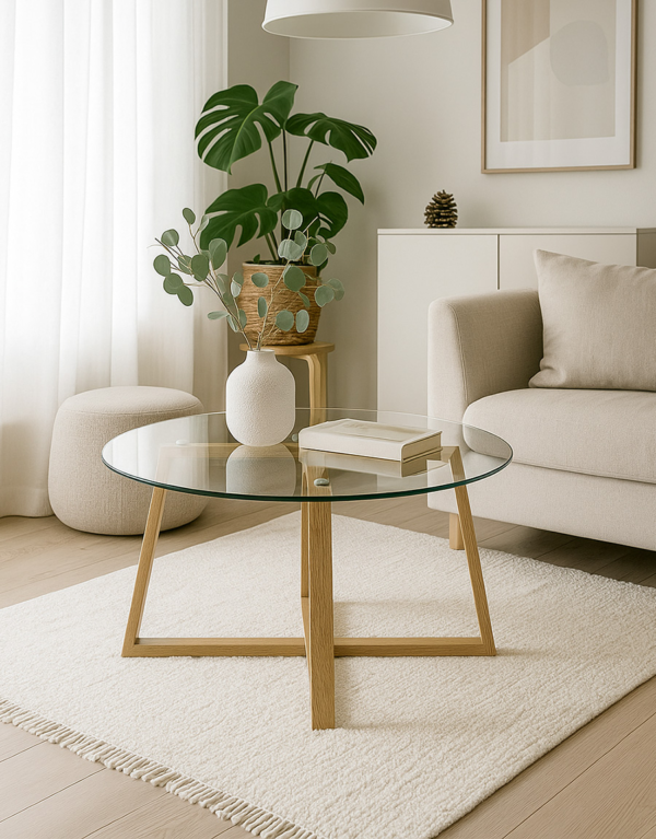 Henry Clear Glass Coffee Table  Wood foil metal legs