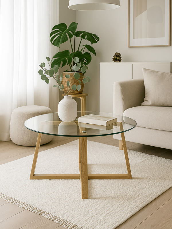 Henry Clear Glass Coffee Table  Wood foil metal legs