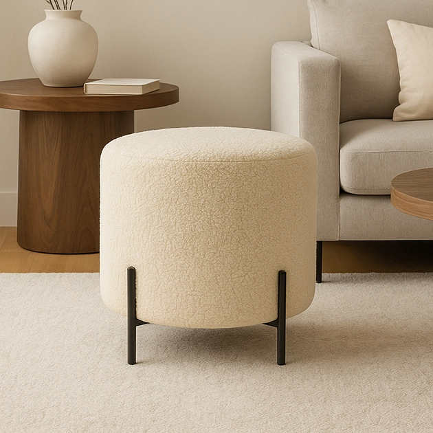 White boucle fabric poufs